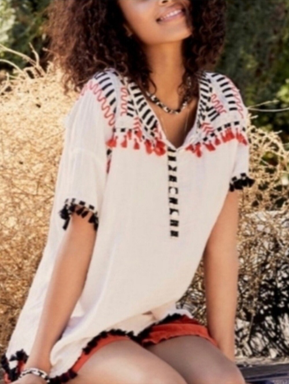 Johnmy Was Boho Embroidered White Tassel V-Neck Oversized Women's Top Size XS
